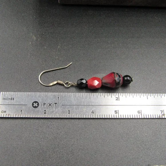 Sterling Silver Red Black Faceted Stone Dangle Earrings Vintage - Picture 4 of 5